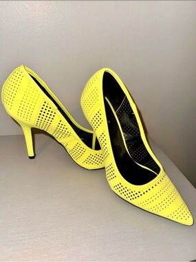 Qupid Neon Yellow Perforated Pointed-Toe Stiletto Pumps